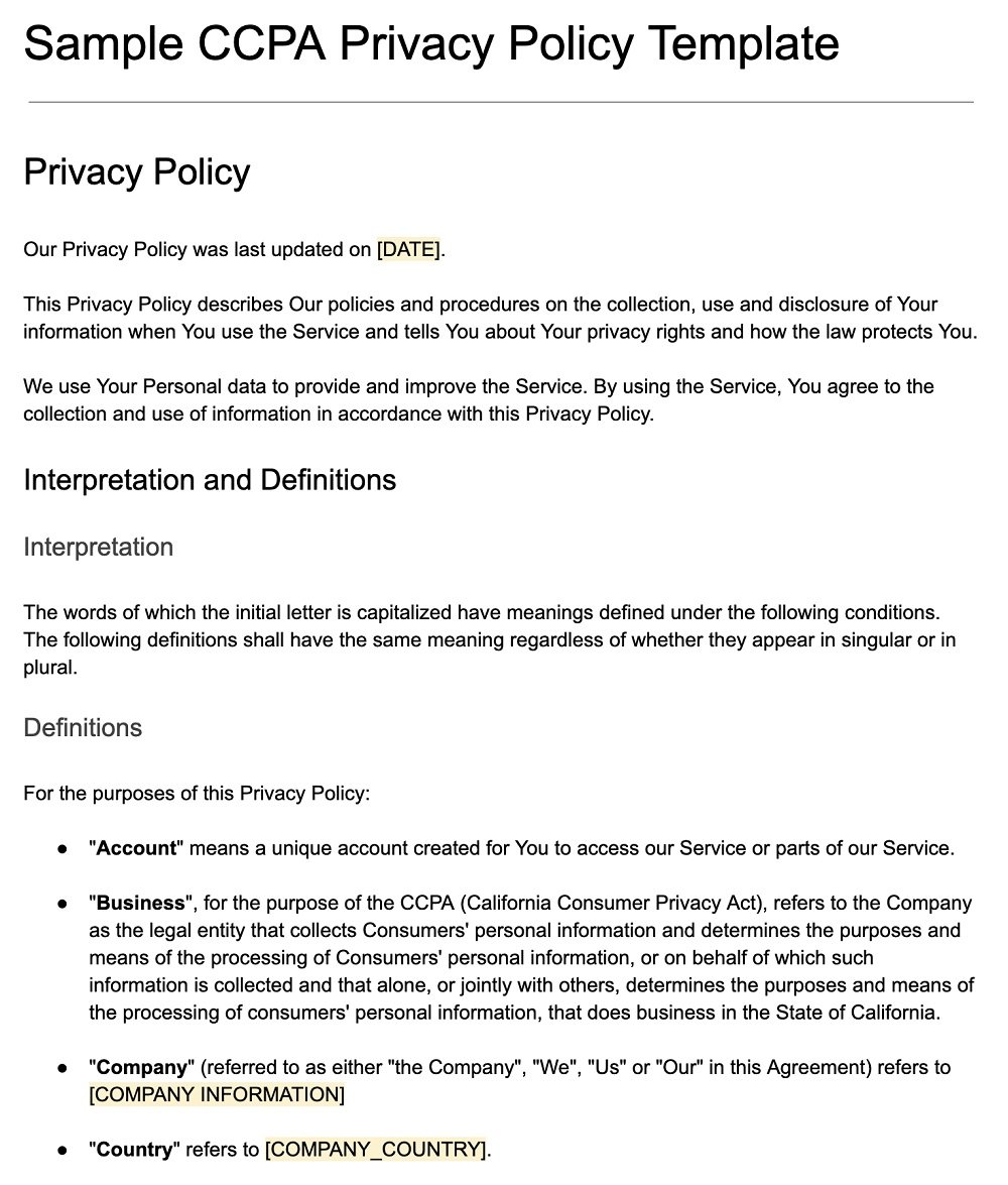 Screenshot of the Sample CCPA Privacy Policy Template