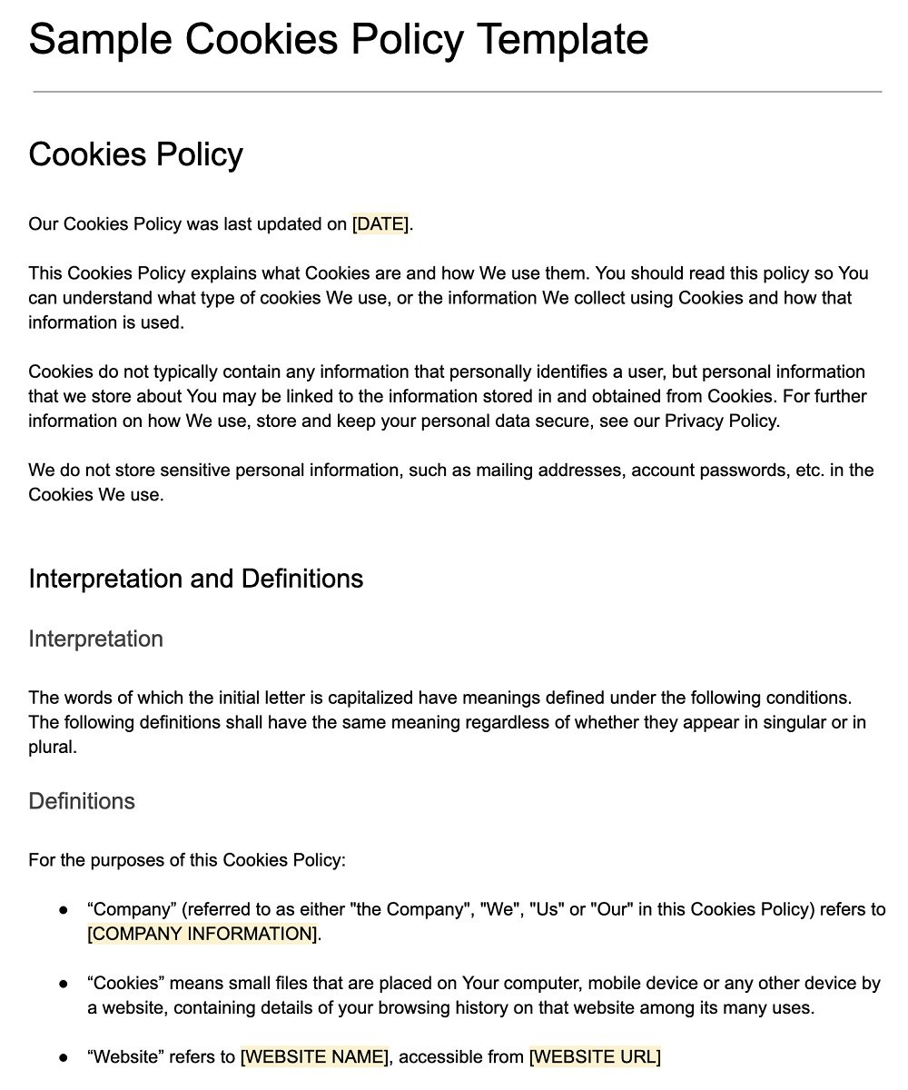 Screenshot of the Cookies Policy Template