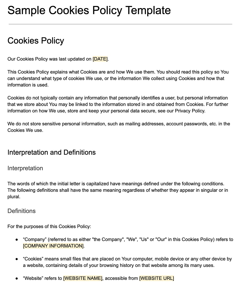 Screenshot of the Cookies Policy Template