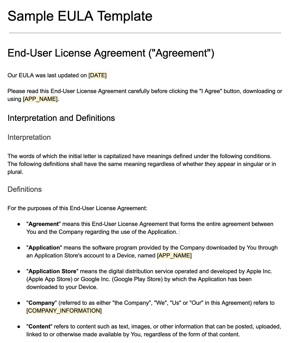 Screenshot of the Sample EULA Template