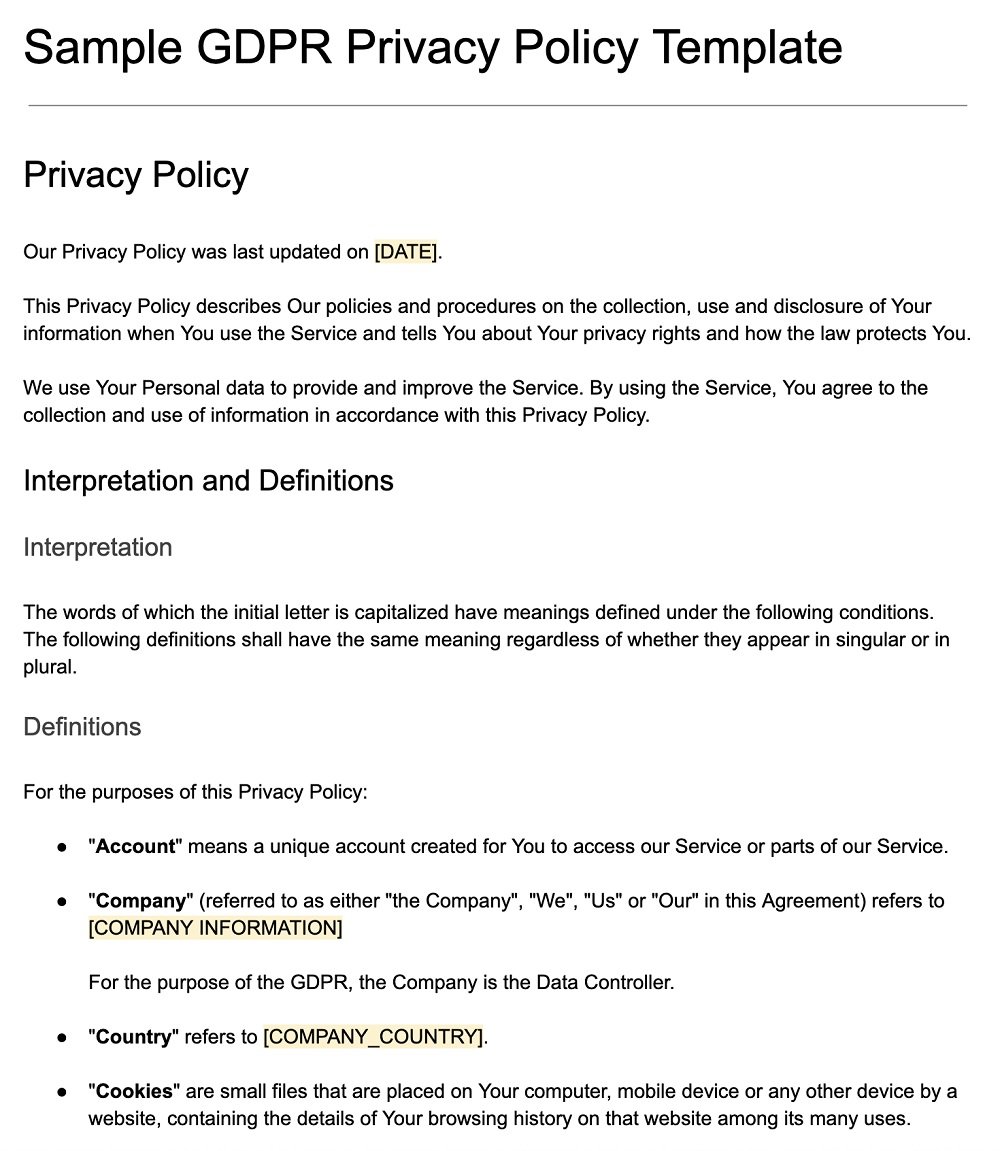 Screenshot of the Sample GDPR Privacy Policy Template