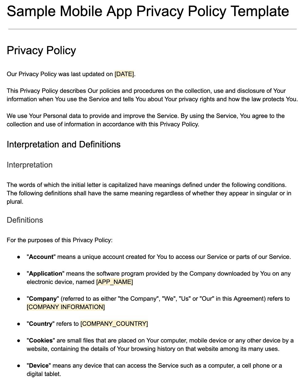 Screenshot of the Sample Mobile App Privacy Policy Template