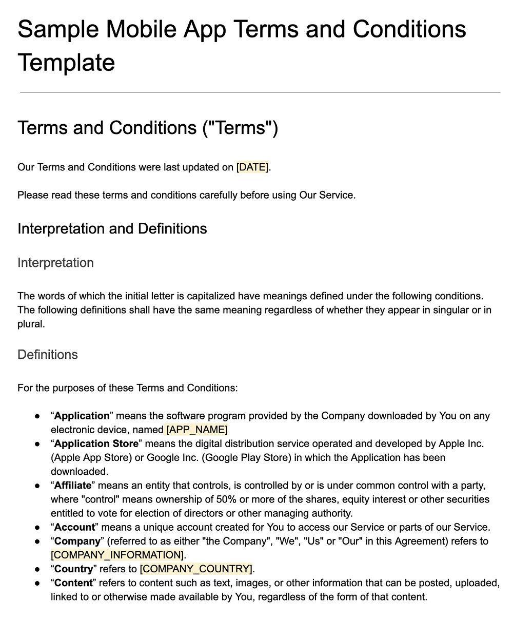 Screenshot of the Sample Mobile App Terms and Conditions Template
