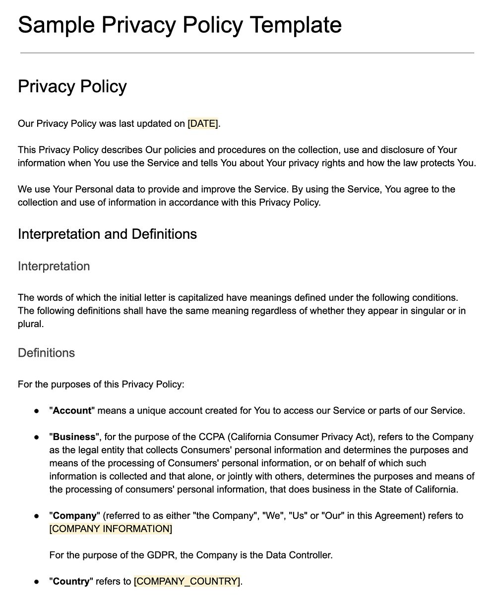 Screenshot of the Sample Privacy Policy Template