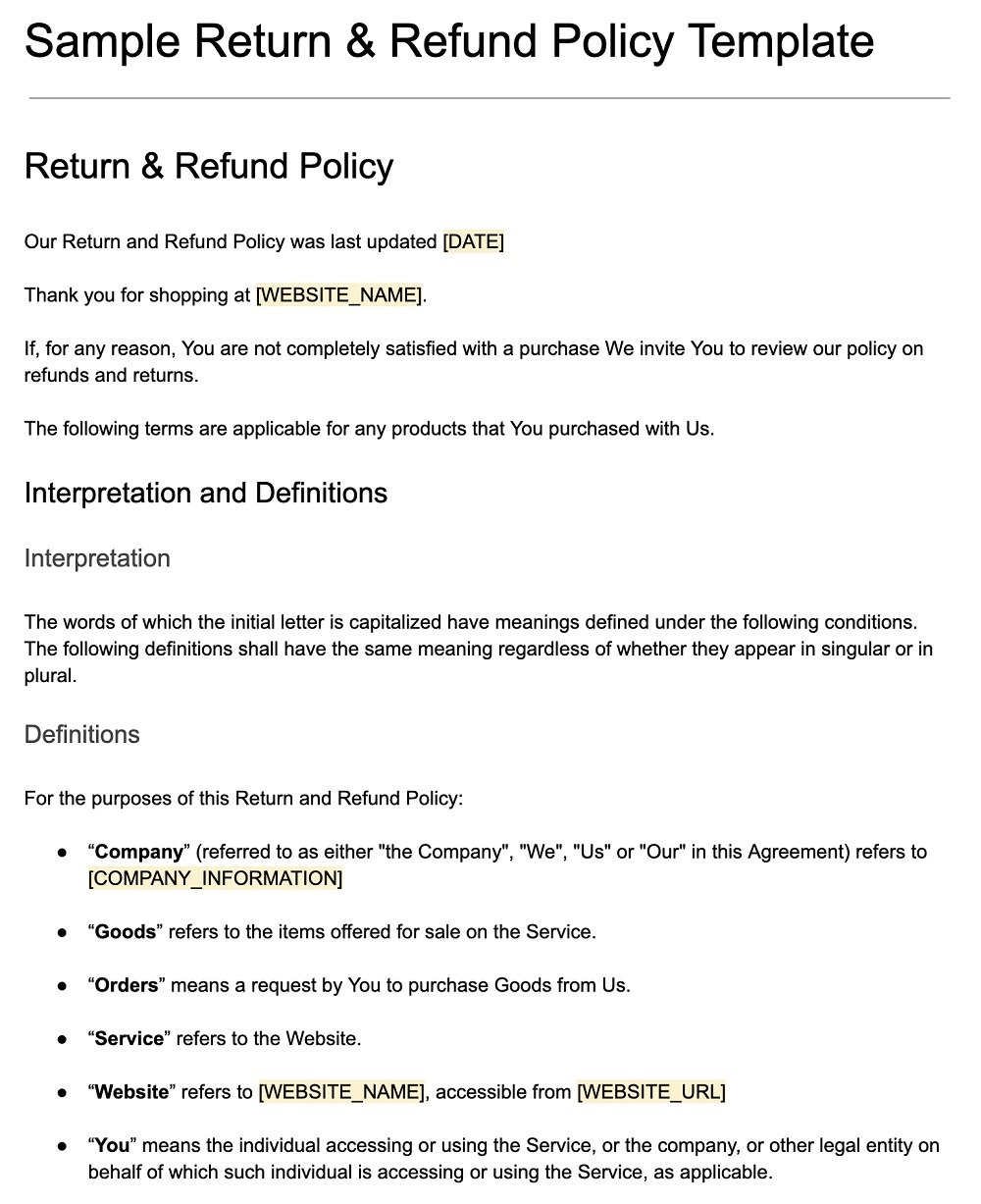 Screenshot of the Sample Return and Refund Policy Template