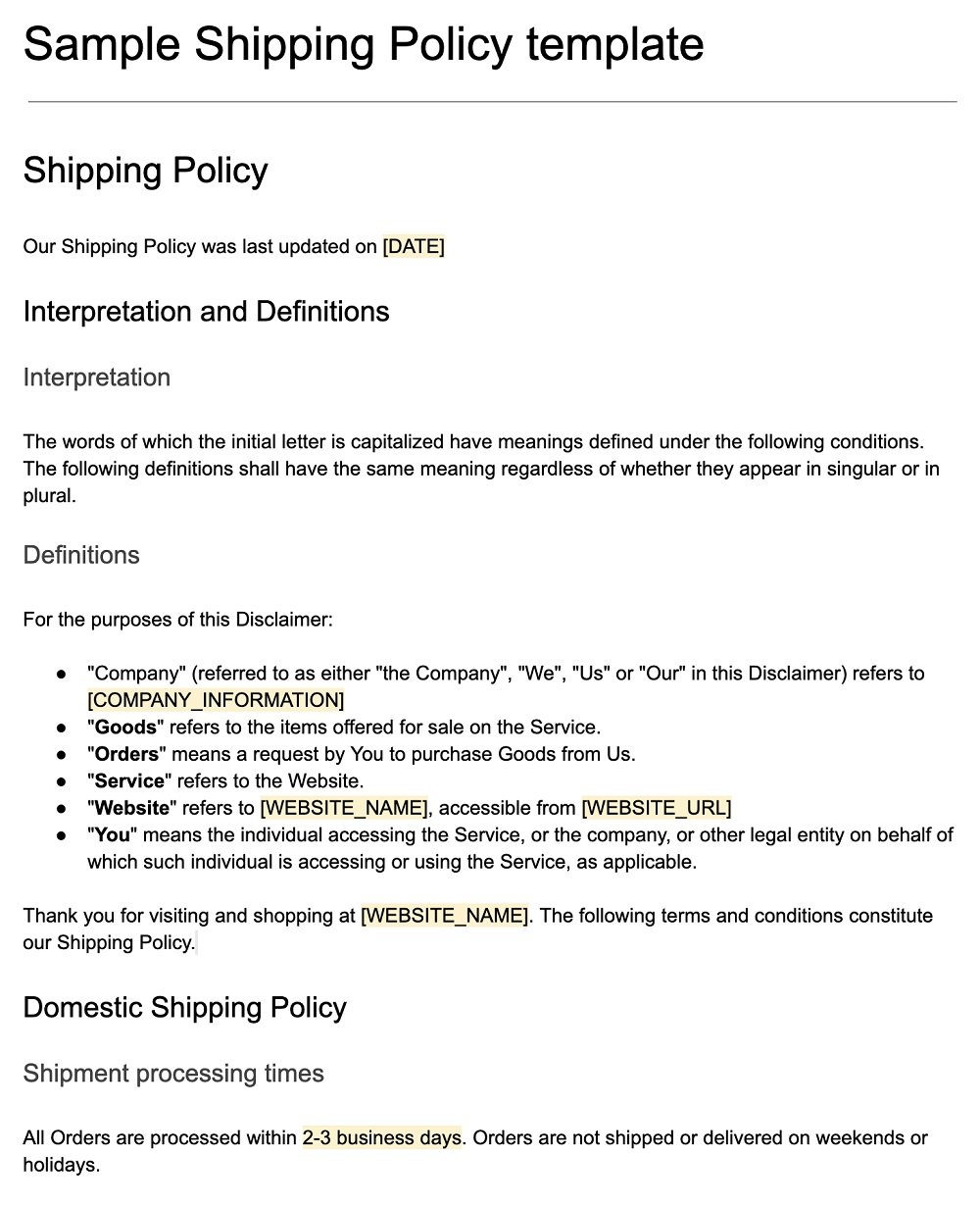 Screenshot of the Shipping Policy Template