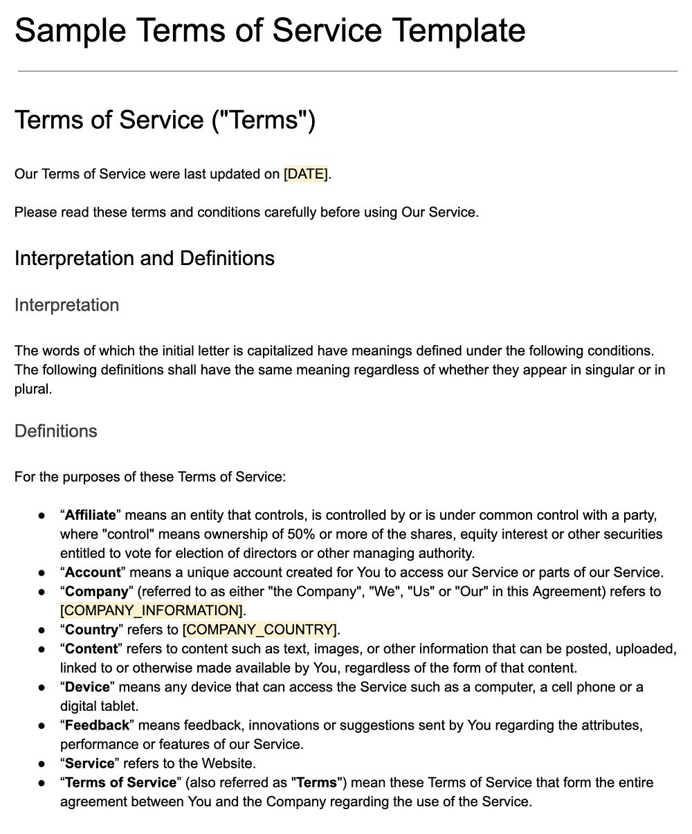 Screenshot of the Sample Terms of Service Template