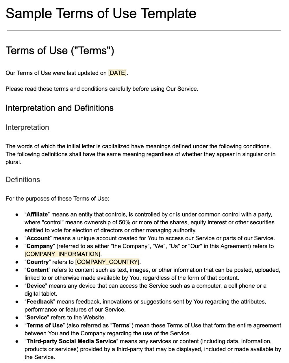 Screenshot of the Sample Terms of Use Template