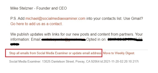 Social Media Examiner email with opt-out section highlighted