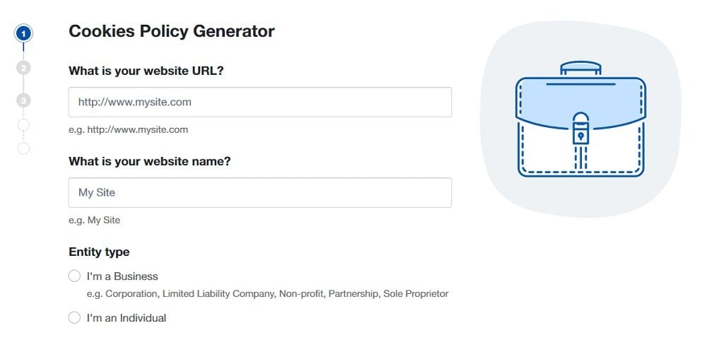 TermsFeed Cookies Policy Generator: Add your website information and choose entity type -  Step 1