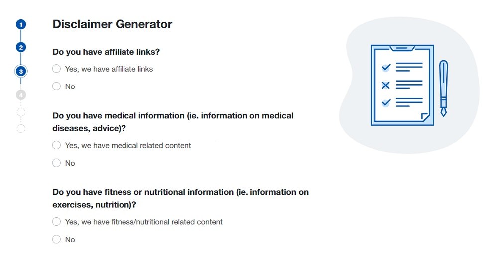 TermsFeed Disclaimer Generator: Answer questions about business practices - Step 3