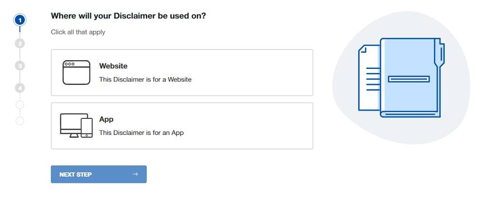 TermsFeed Disclaimer Generator: Where will your Disclaimer be used on - Step 1