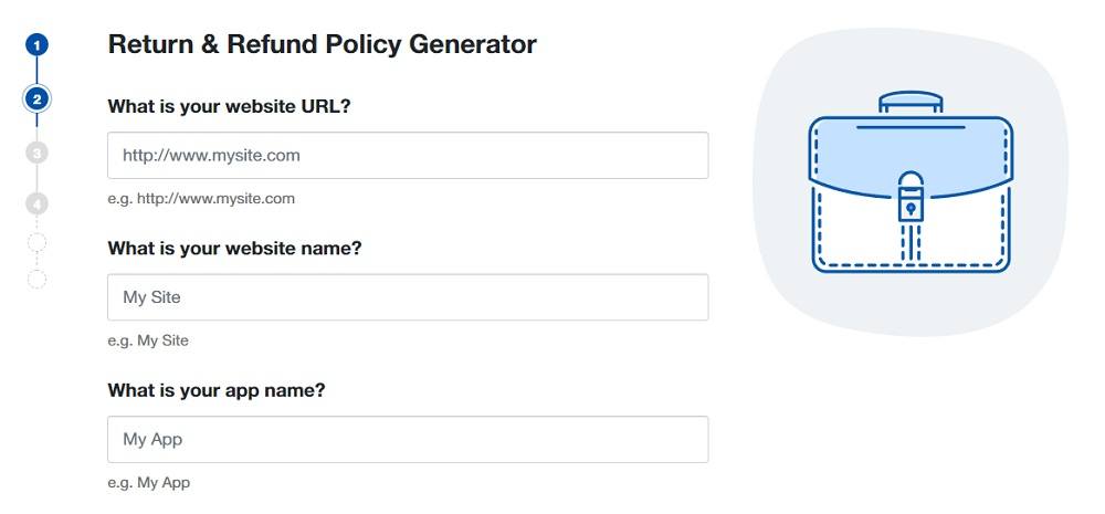 TermsFeed Return and Refund Policy Generator: Add your website/app business information - Step 2