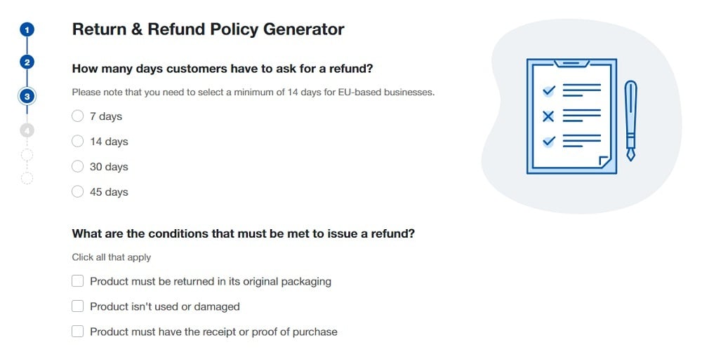 TermsFeed Return and Refund Policy Generator: Answer questions about business practices - Step 3