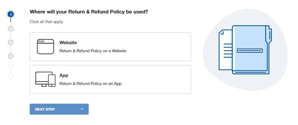 TermsFeed Return and Refund Policy Generator: Where will your Disclaimer be used on - Step 1