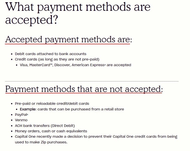 Zip: Information on payment methods that are accepted and not accepted