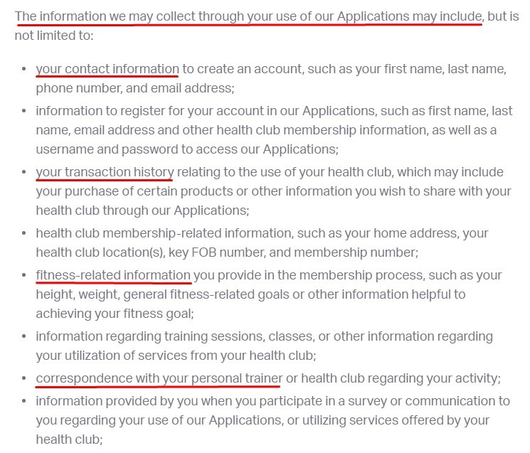 ABC Fitness Privacy Policy: Information Collected through Applications clause excerpt