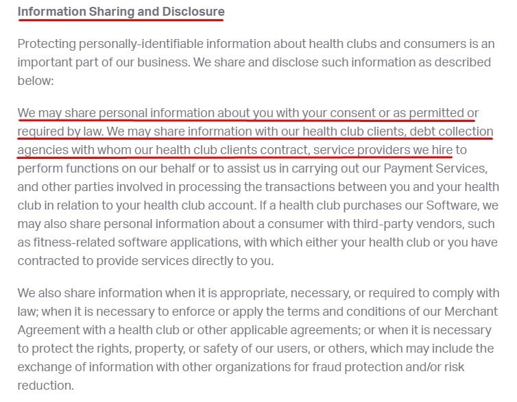 ABC Fitness Privacy Policy: Information Sharing Disclosure clause excerpt