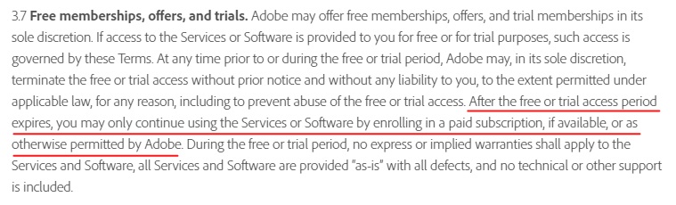 Adobe General Terms of Use: Free memberships, offers and trials clause