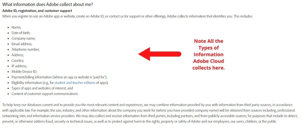 Adobe Privacy Policy: What information does Adobe collect about me clause