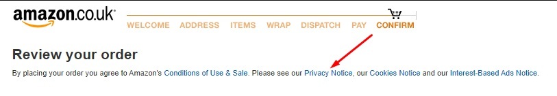 Amazon's checkout page with Privacy Notice link highlighted