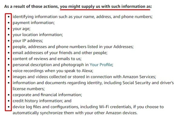 Amazon Privacy Notice: Examples of personal information collected clause