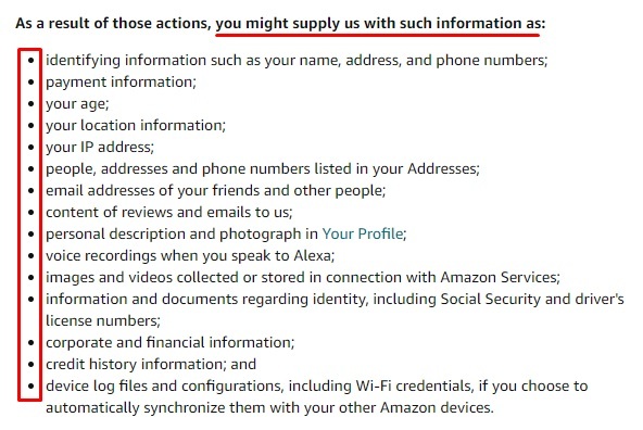 Amazon Privacy Notice: Examples of personal information collected clause