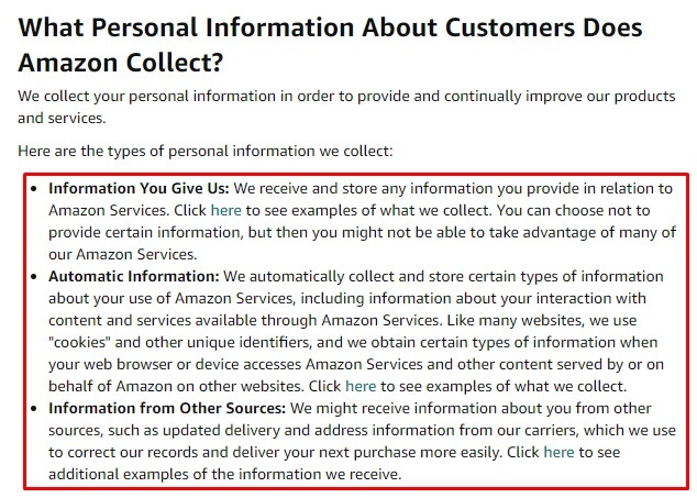 Amazon Privacy Notice: What personal information about customers does Amazon collect clause