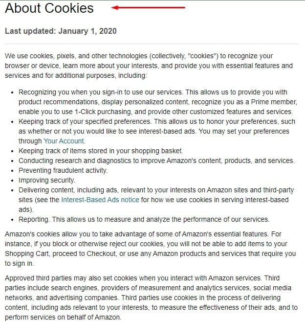 Amazon Security and Privacy: About Cookies page excerpt