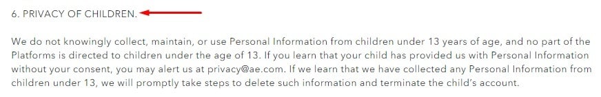 American Eagle Privacy Notices: Privacy of Children clause