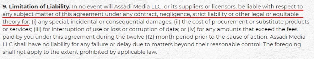 Arman Assadi Terms of Service: Limitation of Liability clause