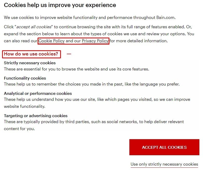 Bain and Company cookie consent notice