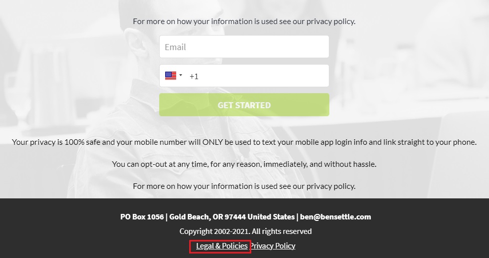 Ben Settle form screen with Legal and Policies link highlighted