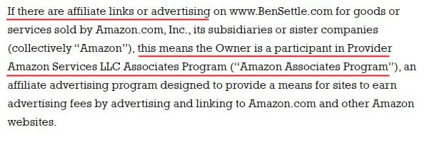 Ben Settle Legal and Policies: Amazon Affiliate links clause