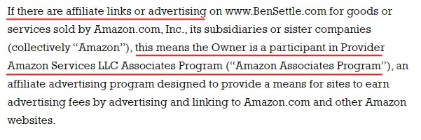 Ben Settle Legal and Policies: Amazon Affiliate links clause