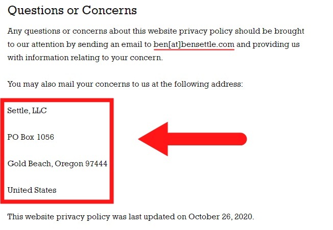 Ben Settle Privacy Policy: Questions or Concerns clause with contact information highlighted