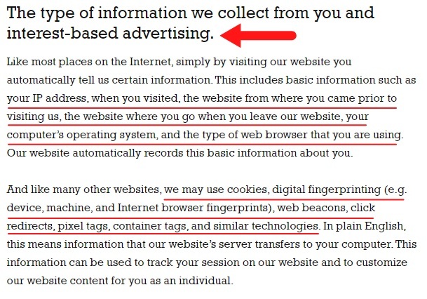 Ben Settle Privacy Policy: The type of information we collect from you and interest-based advertising clause excerpt