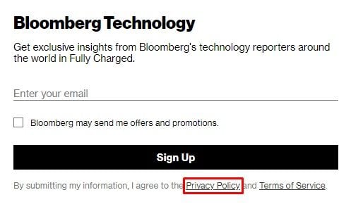 Bloomberg Technology email newsletter sign up form with Privacy Policy link highlighted