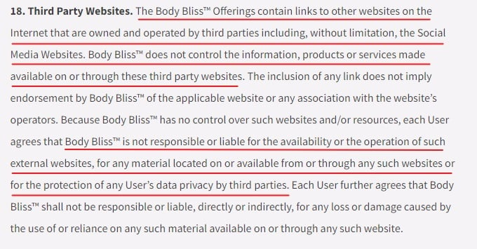 Body Bliss Terms and Conditions: Third Party Websites clause