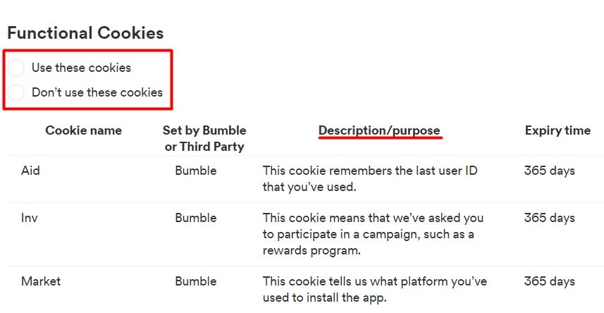 Bumble Cookie Policy: Functional Cookies chart excerpt with settings section highlighted