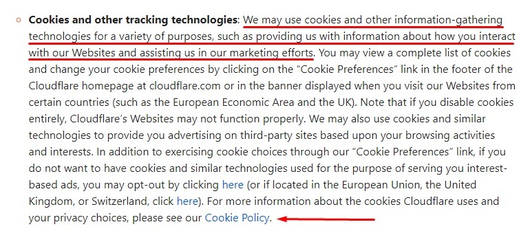 Cloudflare Privacy Policy: Cookies and other tracking technologies clause