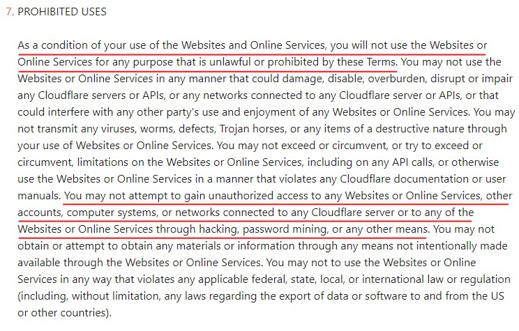 Cloudflare Terms of Use: Prohibited Uses clause