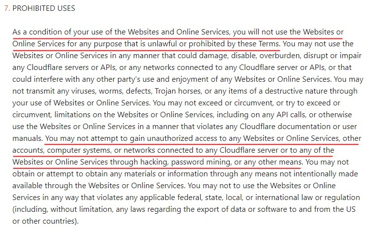 Cloudflare Terms of Use: Prohibited Uses clause