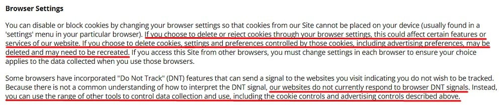 Columbia Sportswear Cookies Policy: Browser Settings clause