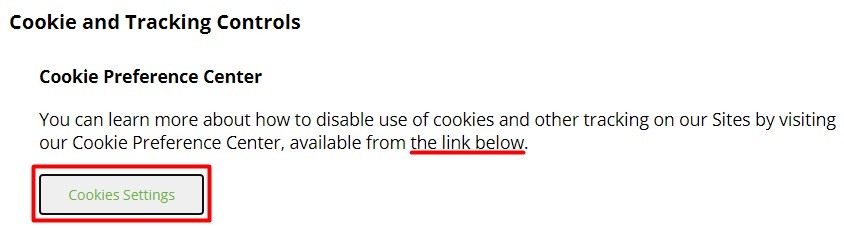 Columbia Sportswear Cookies Policy: Cookie and Tracking Controls - Cookie Preference Center with Cookies Settings link highlighted