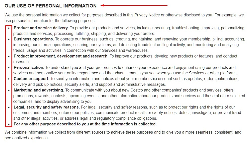 Costco Privacy Notice: Our use of personal information clause