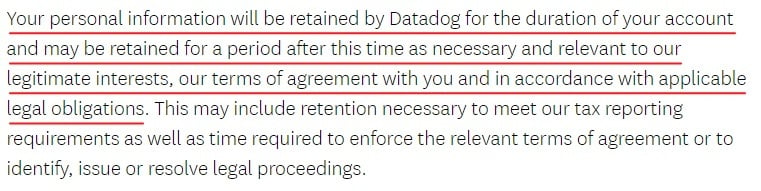 Datadog Privacy Policy: Data retention clause