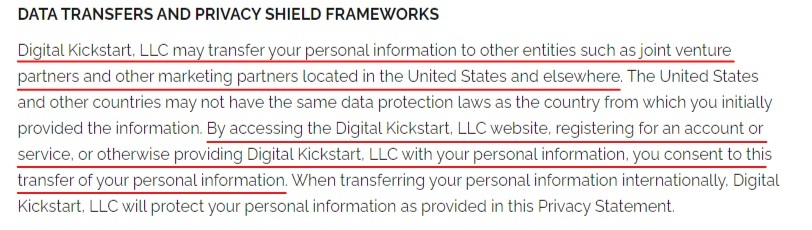 Digital Kickstart Privacy Policy: Data Transfers and Privacy Shield Frameworks clause
