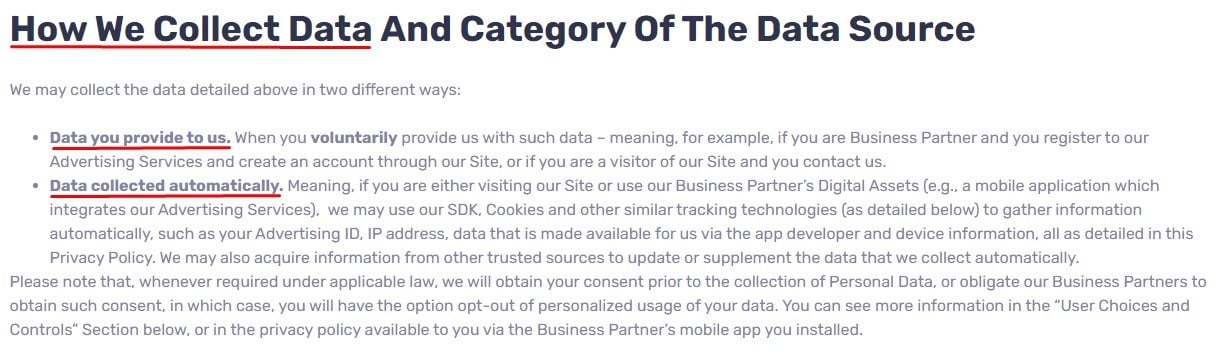 Display io Privacy Policy: How We Collect Data and Category of Data Source clause
