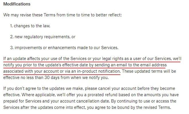 Dropbox Terms of Service: Modifications clause